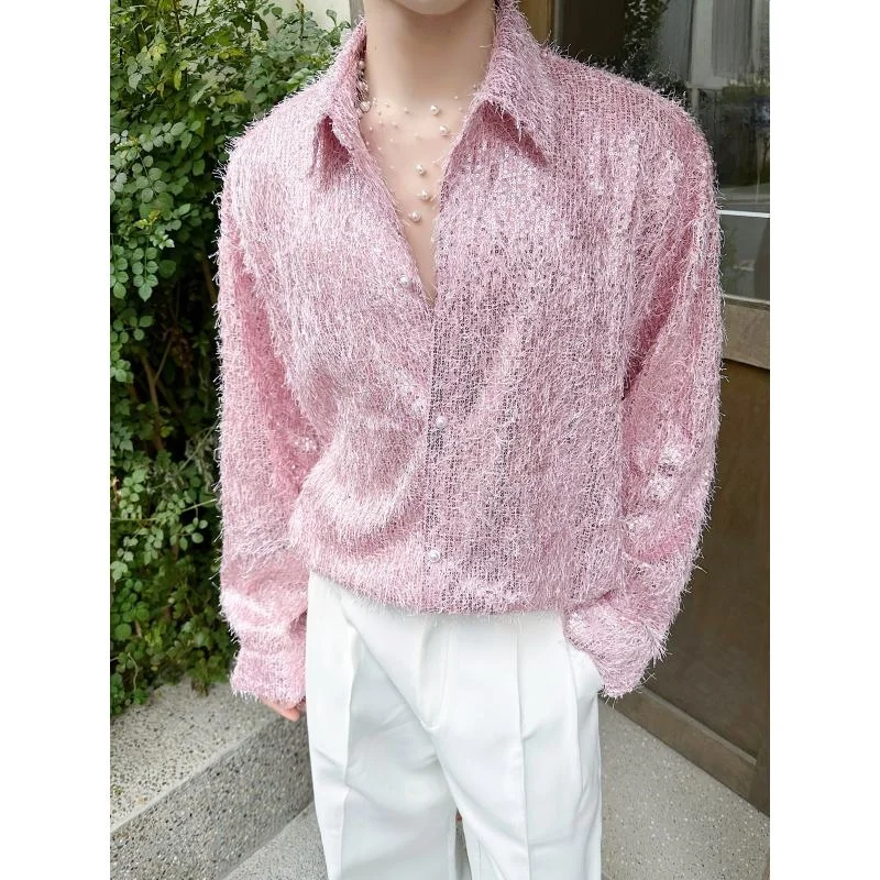 

Korean Style Loose Fit Long Sleeve Men's Shirt with Tassel Design in Pink for Stage Performance And Outdoors Fashionable Yout...