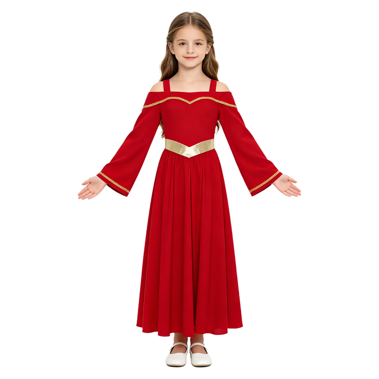 

Girls Angel Tunic Dance Dress Cold Shoulder Long Sleeve Gold Trims Metallic Shiny Waist Maxi Dress Lyrical Modern Dance Dress