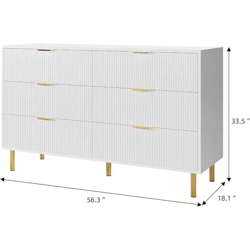 White 6 Drawer Dresser for Bedroom, 56” Wide Wood Dresser Organizer with Metal Legs, Modern Chest of Drawers for Bedroom