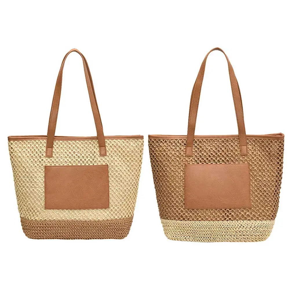 

Women Straw Crochet Beach Handbag PU Patchwork Simple Shoulder Bag Contrast Color Minimalist Tote Bag Ladies Summer Bag
