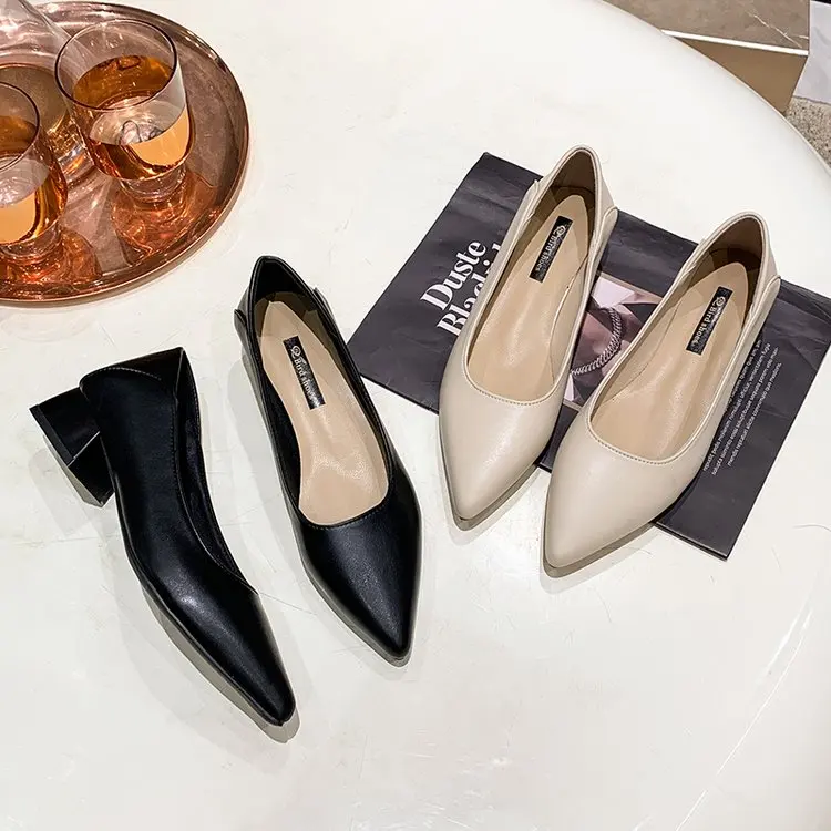 New Fashion Exquisite Ladies Beautiful Solid Color Shallow Mouth Thick Heel Soft Sole Pointed Toe Heel Shoes Ladies High Heels