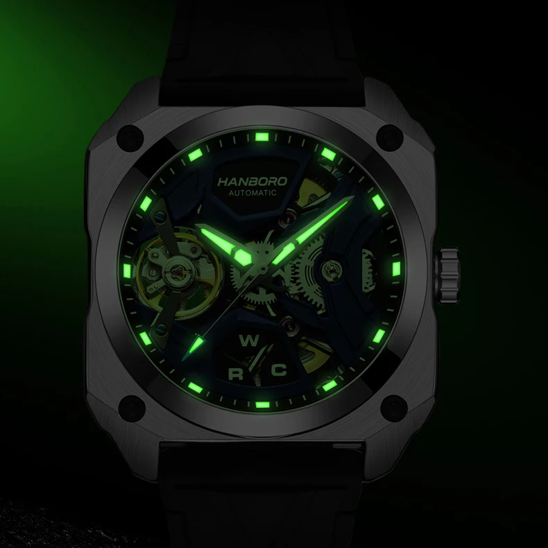 Hanboro relógio automático masculino 42mm relógios de luxo relógio de pulso mecânico luminoso caso quadrado esqueleto 50m pulseira de borracha à prova dwaterproof água