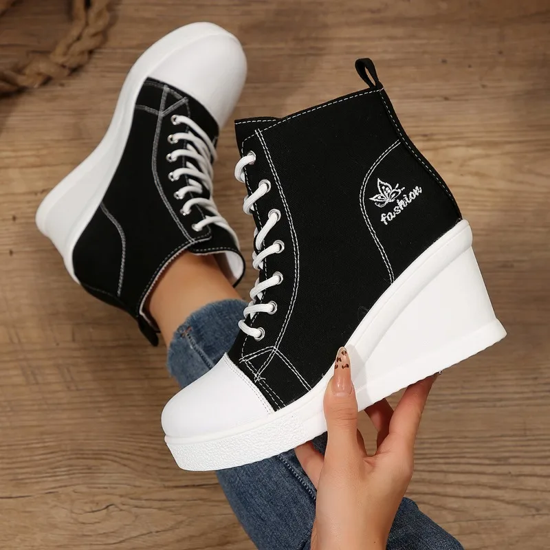

Canvas Ankle Boots Wedges High Heels Shoes Woman Rend Lace Up Spring New Fashion Leisure Pumps Walking Women's Boots Mujer Botas