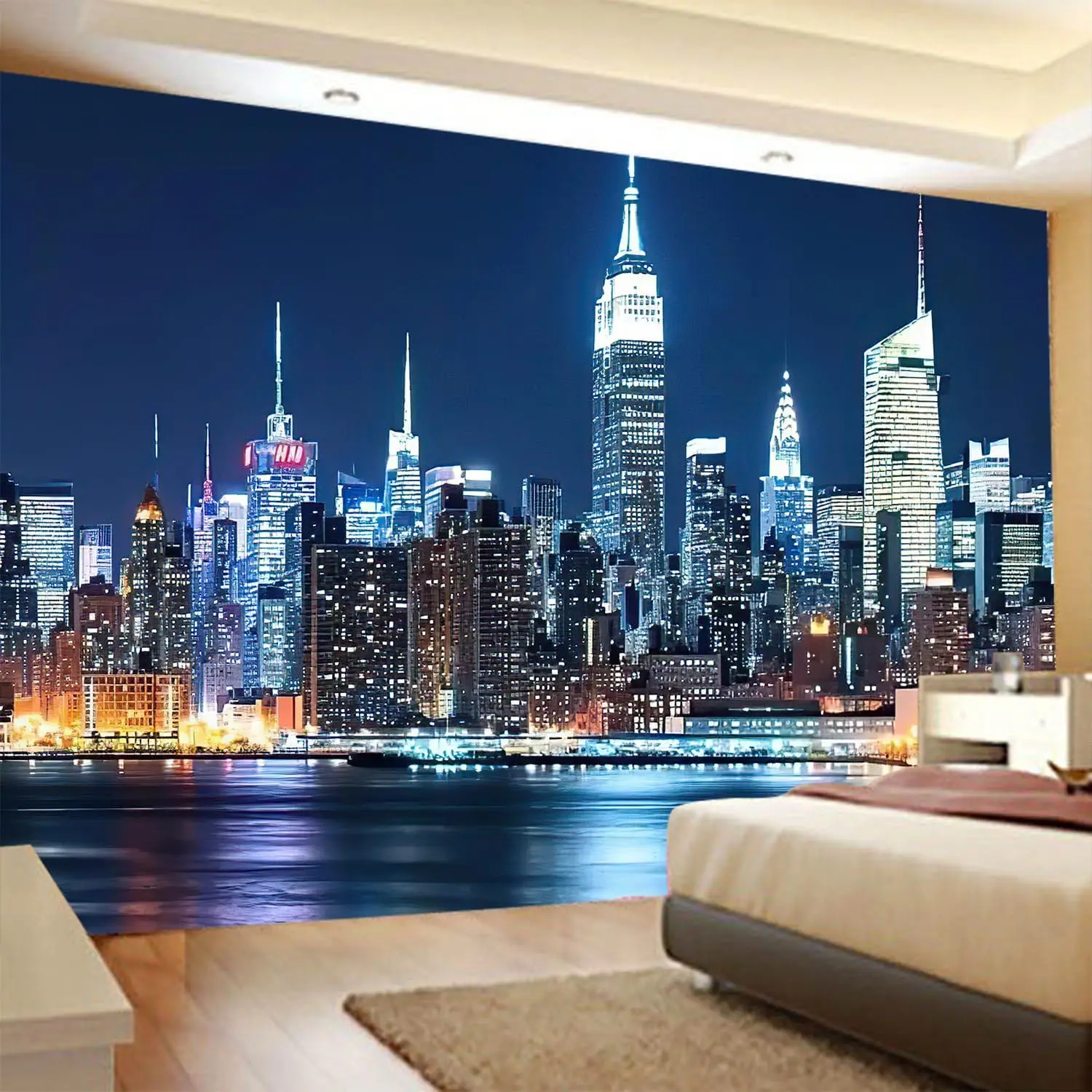 New York Skyline Tapestry – City Window View with River & Night Lights for Living Room, Bedroom or Dorm Decor
