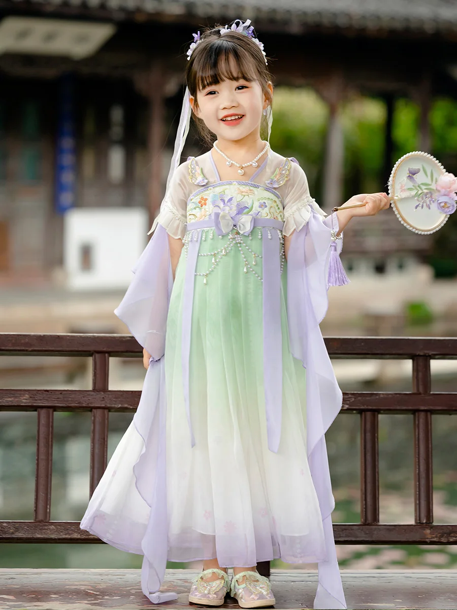 Hanfuの女の子の胸のハイドレス、半袖、紫、古代、新しい夏、2024