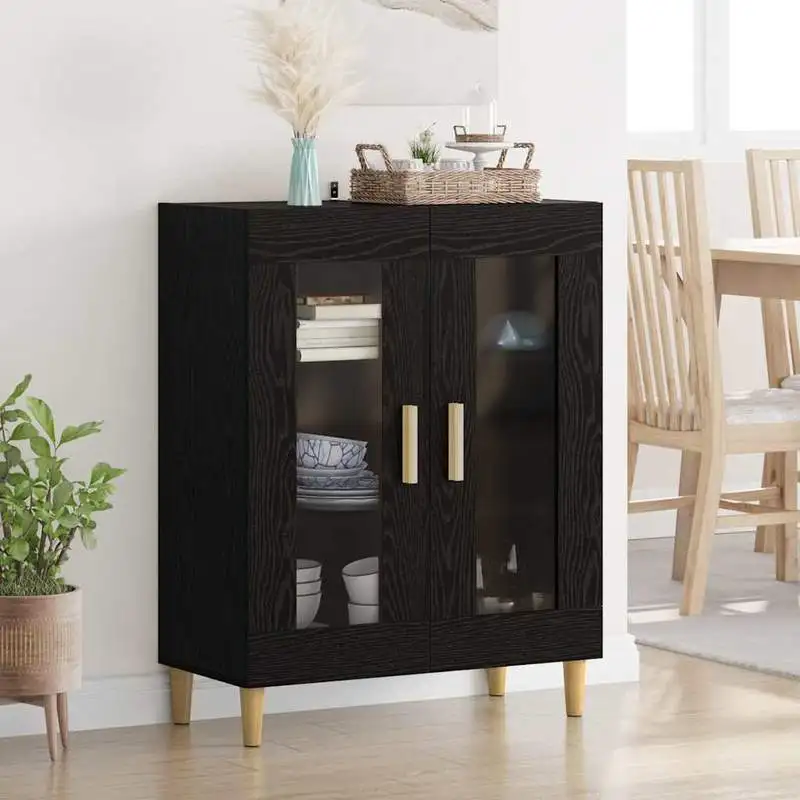 Buffet 69 cm en bois d'ingénierie noir avec portes en verre transparent, rangement moderne pour salle à manger, salon, appartement, petit espace, style minimaliste nordique, meuble polyvalent