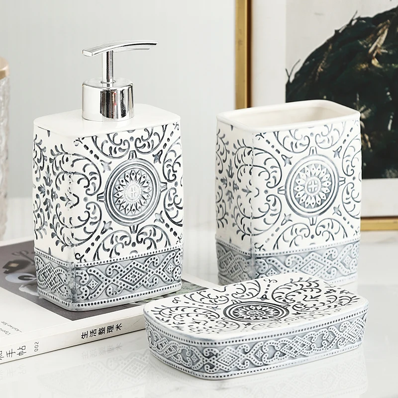 Modern Ceramic Lotion Bottle Soap Dish Toothbrush Holder Bathroom Set Flower Texture Porcelain Shampoo Bottling Soap Dispenser