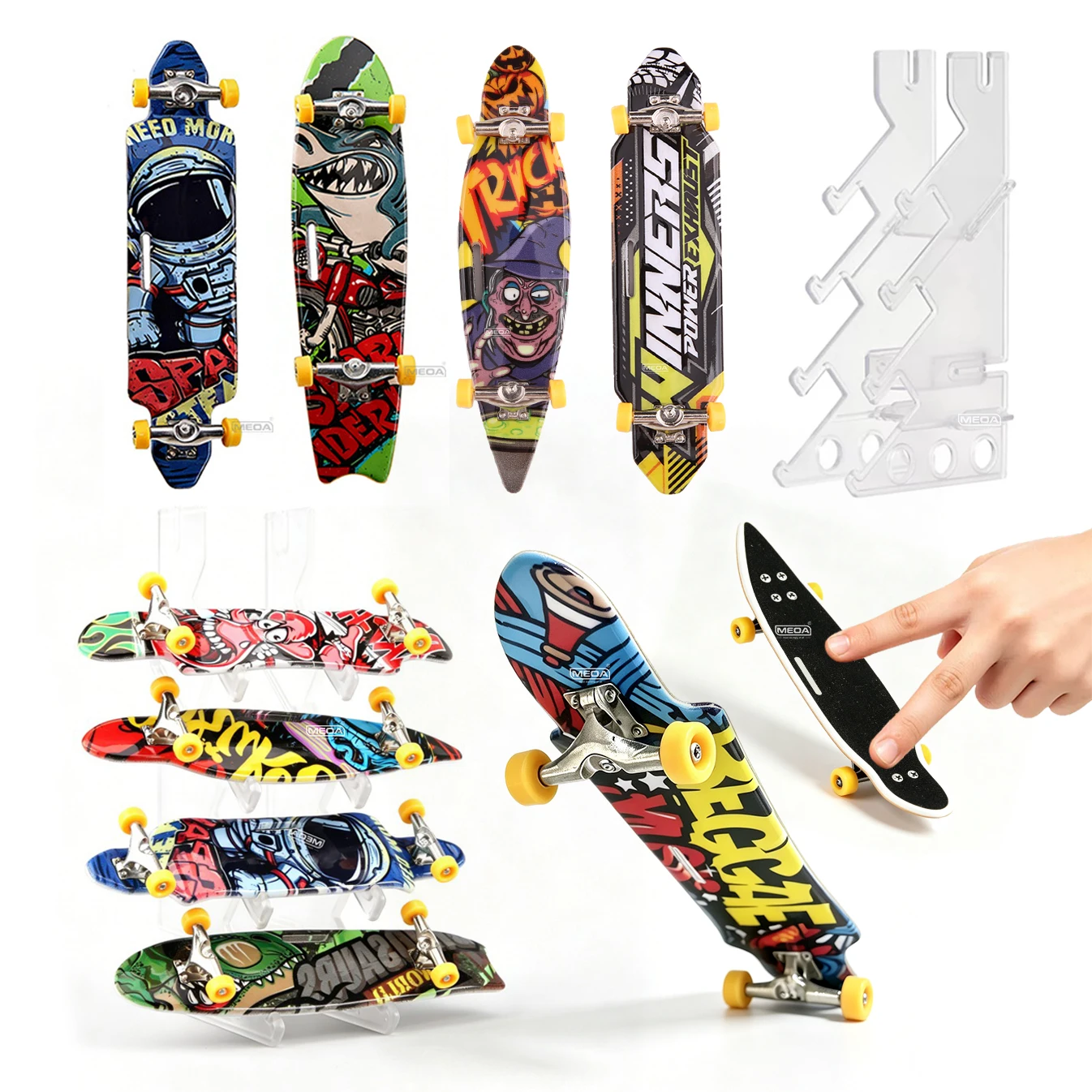 Mini Alloy Finger Skateboard Set with Display Stand Random 4pcs Cool Graffiti Fingerboards Desk Stress Relief Fidget Toy