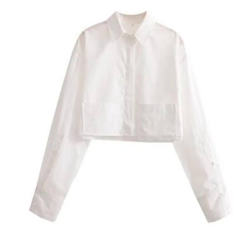 Women Fashion With Pockets Cropped Poplin Shirt Solid Single Breasted Vintage Lapel Neck Female Chic Lady Blouse