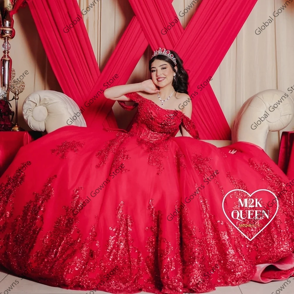 Quinceanera-プリンセスドレス2024,赤いビーズのアップリケが付いた赤いスパンコールのついたドレス,誕生日パーティー用にカスタマイズされた弓が付いた甘いドレス,豪華な,メキシコのボールガウン,