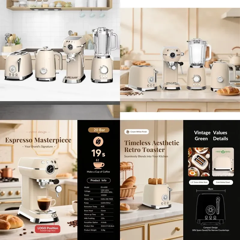 Retro Stainless Steel Electric Coffee Machine and Toaster Set Home Appliance