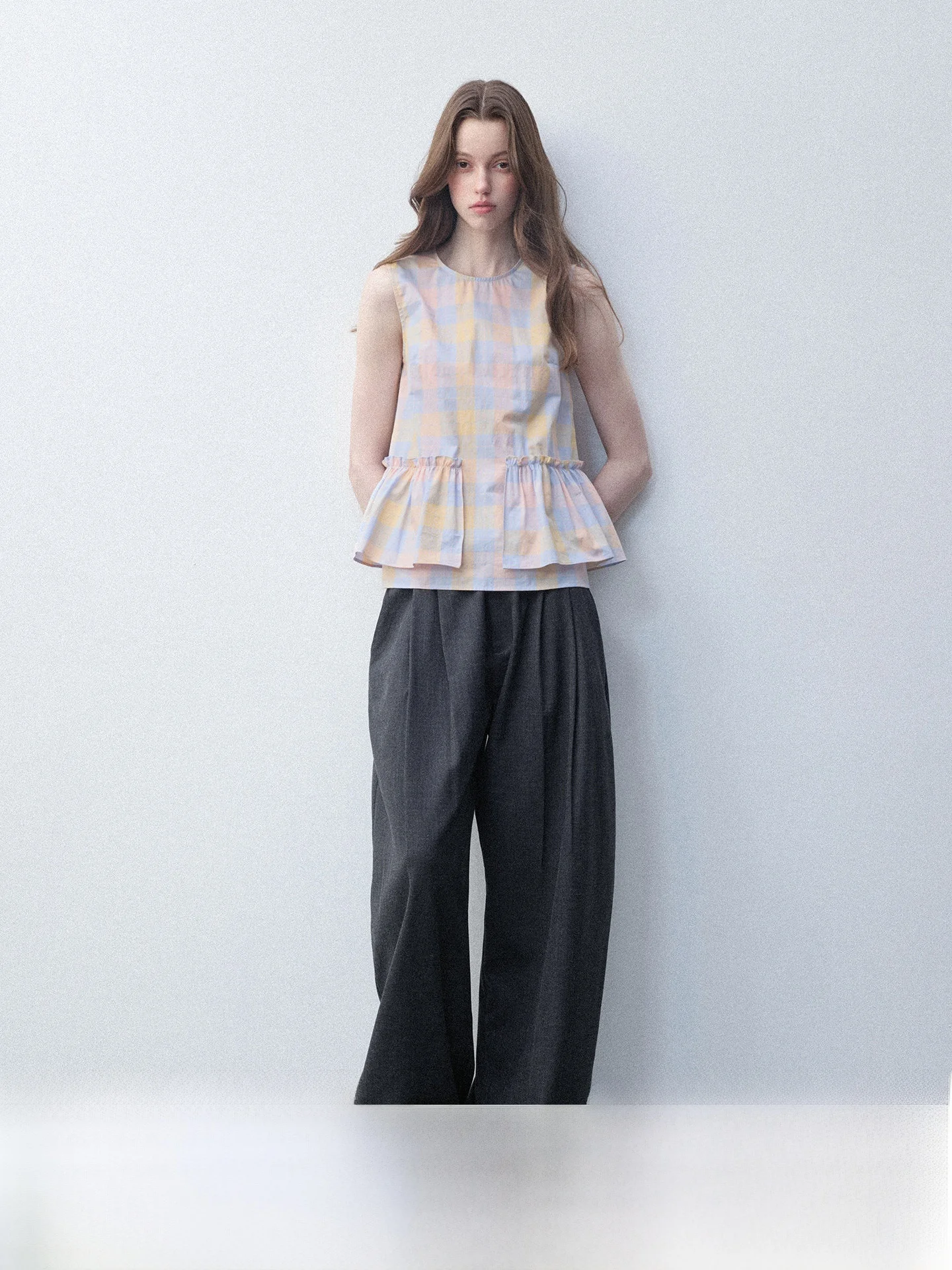 

Luamoss Original Design Cotton Plaid Sleeveless Top Women Summer Casual Pleated Breathable Lace H-Shape Vest Loose Fit