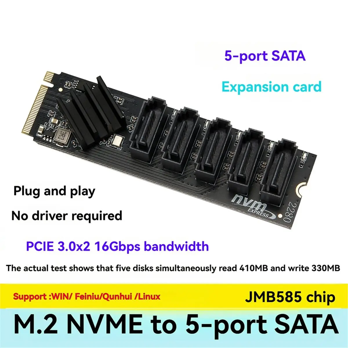 618 Mega Sale M.2 NVME M-Key PCIE 3.0 to SATA 6Gbps 5-Port Expansion Card Hard Drive Extended PCI-E Adapter Card JMB585 Chip