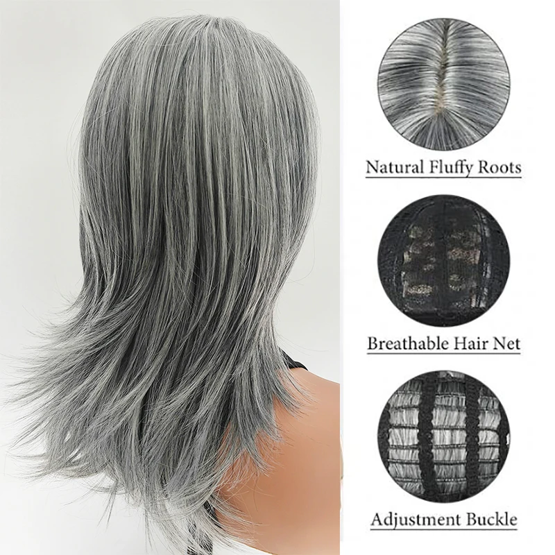 Silvery Gray Ombre Layered Wigs with Curtain Bangs for Women Synthetic Short Light Grey Wig Layered Gray Wavy Bob Wig Highlight image 2