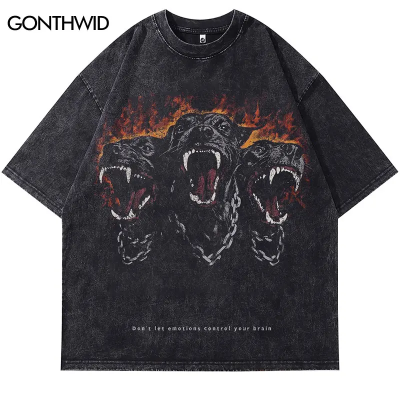 Men Tshirt Vintage Flame Rottweiler Doberman Dog Graphic Print Washed T-Shirt Hip Hop Punk Streetwear 2024 Harajuku Black Tops