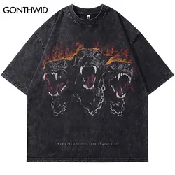 Men Tshirt Vintage Flame Rottweiler Doberman Dog Graphic Print Washed T-Shirt Hip Hop Punk Streetwear 2024 Harajuku Black Tops