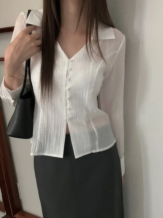 

Autumnal Chic Long Sve Women's irt Folded Single Button Design French Sle Faionable Underirt for Young Ladies