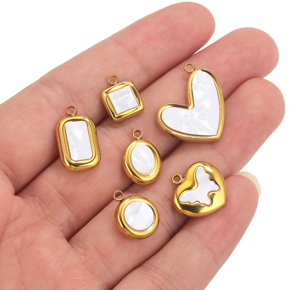 5pcs Stainless Steel Pearl Shell Square Round Oval Cahrms For Necklace Bracelet DIY Pendants Jewelry Making Accessories Craft