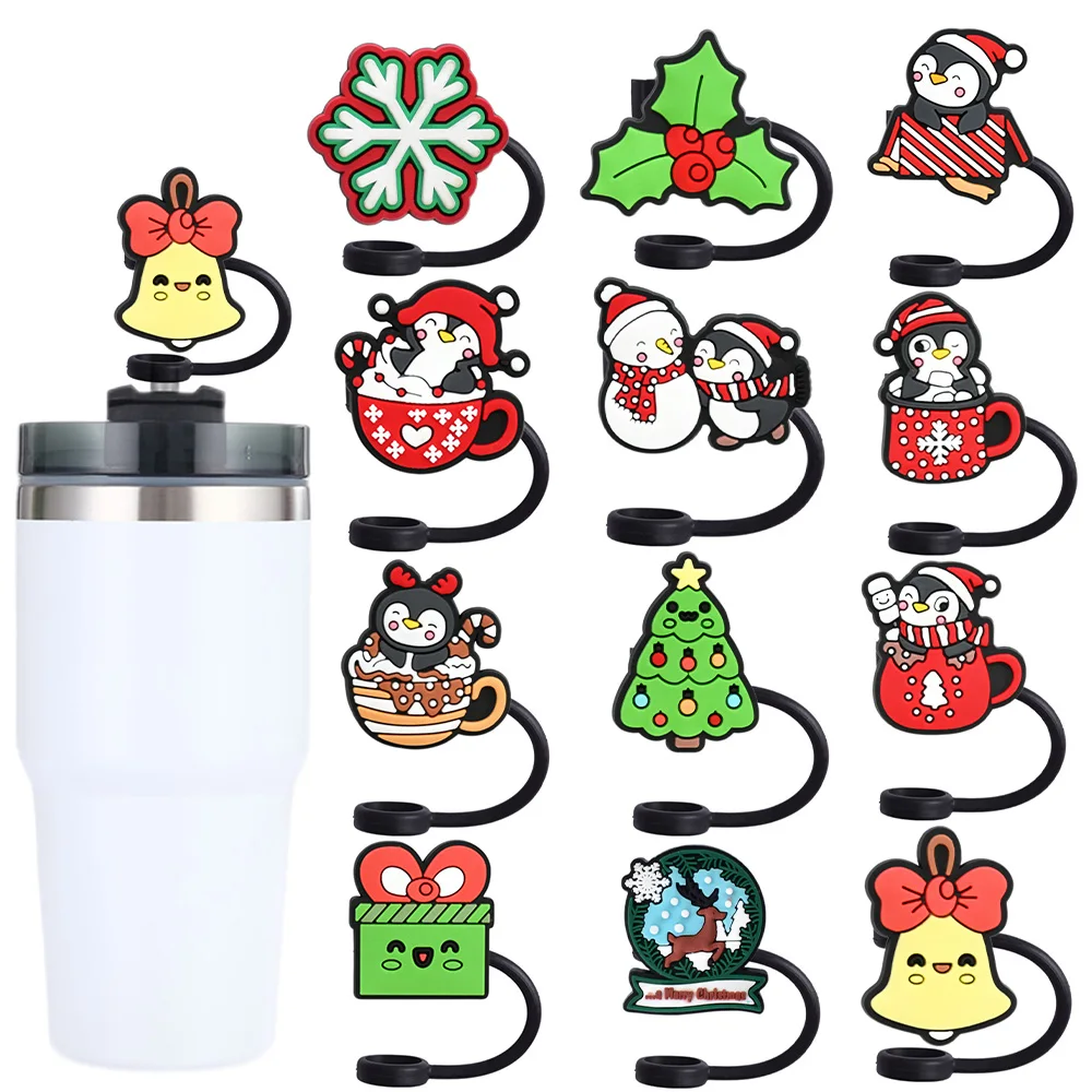 

1-12pcs New Christmas series Straw Cover Cap 10MM Drink Straw Plug Reusable Fit Cup Accessories Straw Cap Charms Pendnt gift