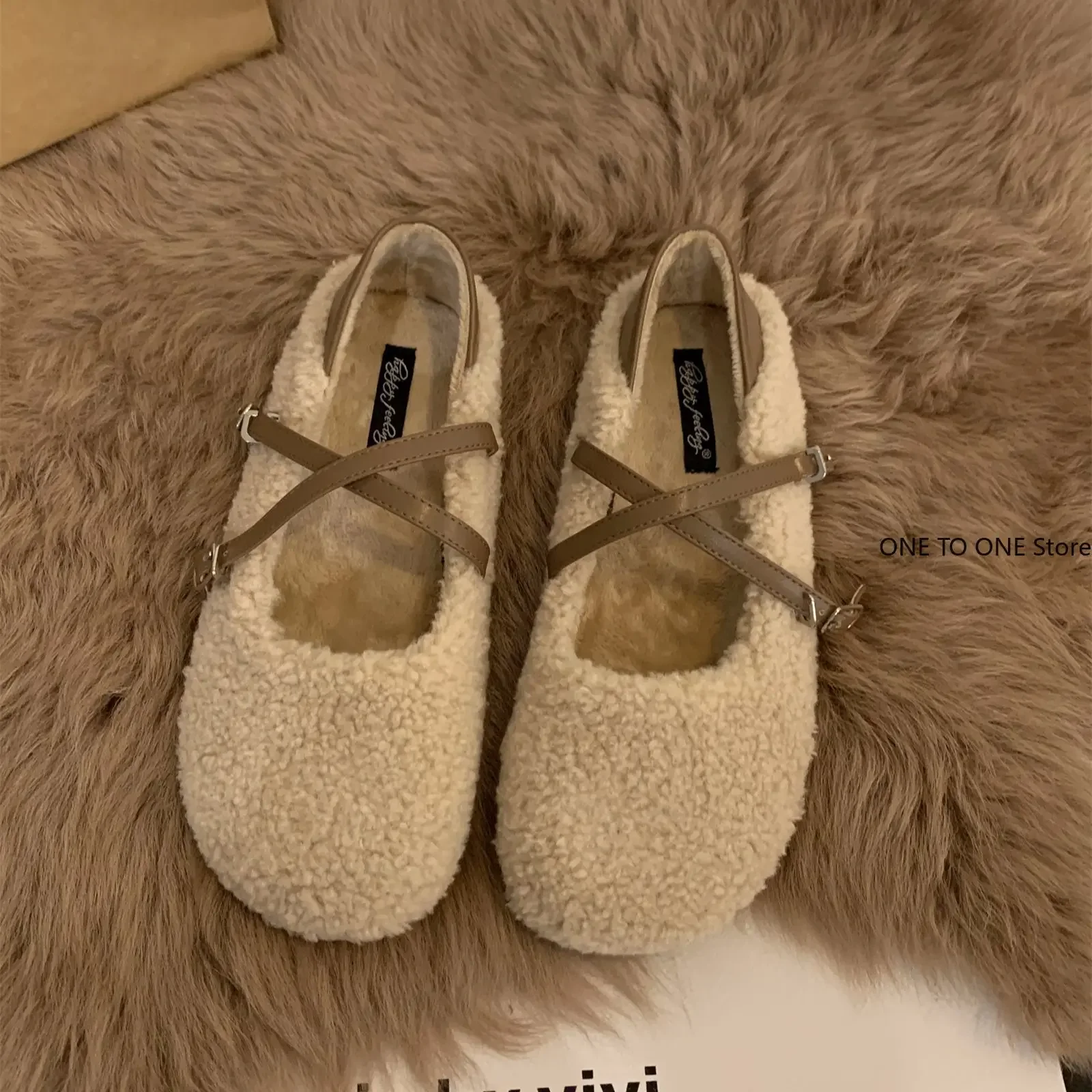 2024 Fashion Round Toe Wool Ballet Flats Ladies Brand Design Fur Mary Jane Shoes Woman Winter Warm Plush Loafers Mujer