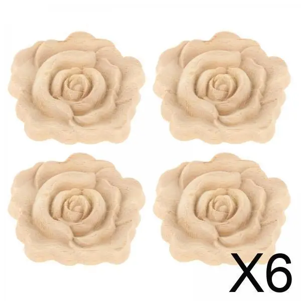 

6x 4x Wood Carved Appliques Onlay Rose Flower Carving Decals for Decor