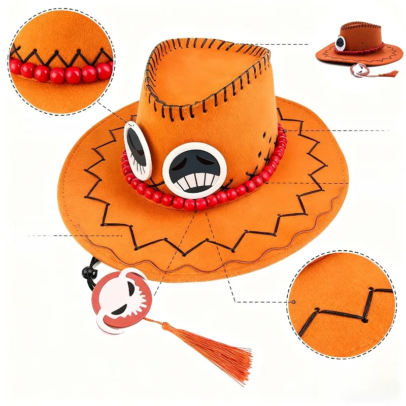 หมวกคาวบอยสีส้มสำหรับคอสเพลย์ พร้อมสายลูกปัดและพู่ห้อยรูปหัวกะโหลก  ชุดแต่งกายแนวอนิเมะ