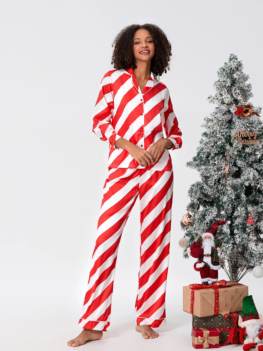 Women Satin Pajama Set Green Striped Long Sleeve Silk Pj Christmas Two Piece Sleepwear Lounge Pants Holiday Matching Sets