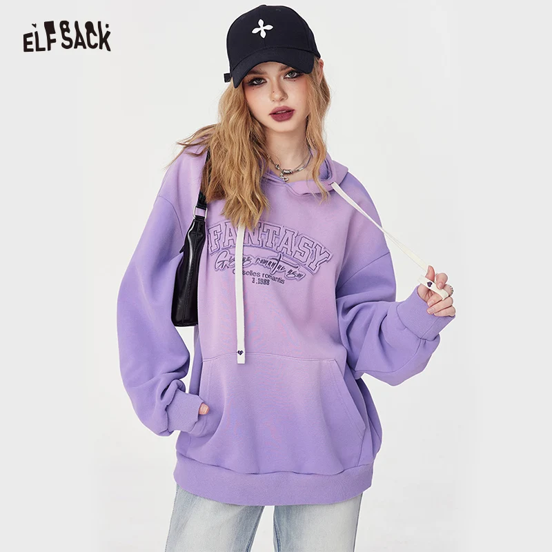 

ELFSACK alphabet embroidered offcie style solid color hooded for women 2024 spring new loose pullovers long sleeve office style