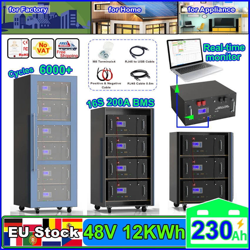 

LiFePO4 Battery 48V 230Ah 200Ah 100Ah 51.2V 12KWh 100% Capacity 6000+ Cycles with RS485 CAN for Energy Storage Backup Power