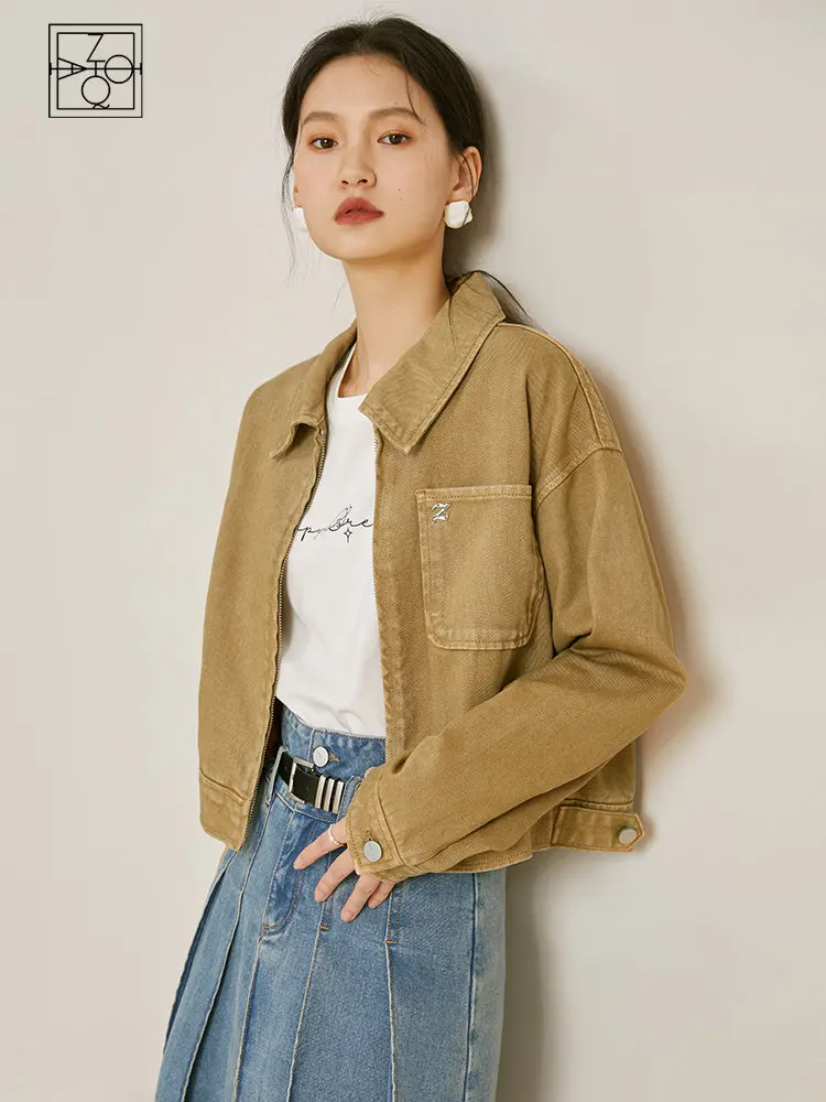 

ZIQIAO Pure Cotton Short Retro Lapel Denim Jacket for Women Spring Niche Design French Style Casual Khaki Denim Coat for Female