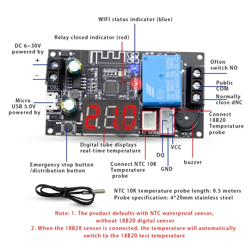 A16R-XY-WFTX Remote WIFI Thermostat Temperature Control Module NTC 10K 0.5M Relay Switch Temperature Controller Module