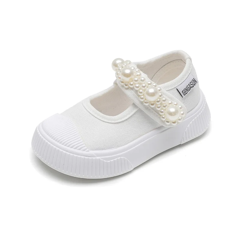 Zapatos de lona informales para bebés y niños, zapatillas antideslizantes de suela blanda para niñas, zapatos transpirables de Color sólido con perlas de imitación