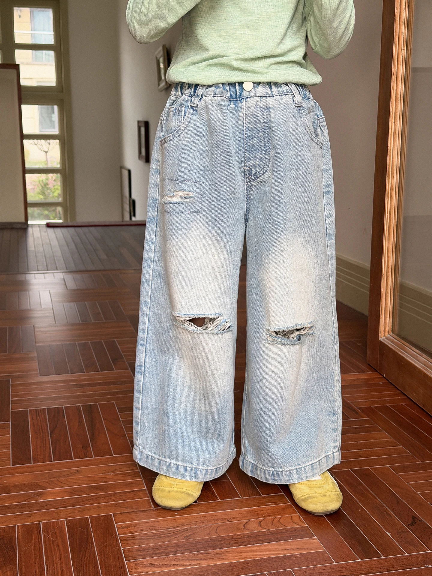 blue-casual-wide-leg-jeans-for-girls-loose-comfortable-spring-long-pants-harper-kids-fashionable-hole-design-children's-clothing