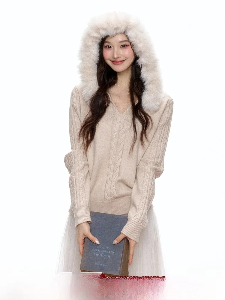 

Женский вязаный свитер ELEVEN SP Autumn Oaeal с капюшоном и воротником из искусственного меха, длинный, повседневный, приталенный, в корейском стиле, топ