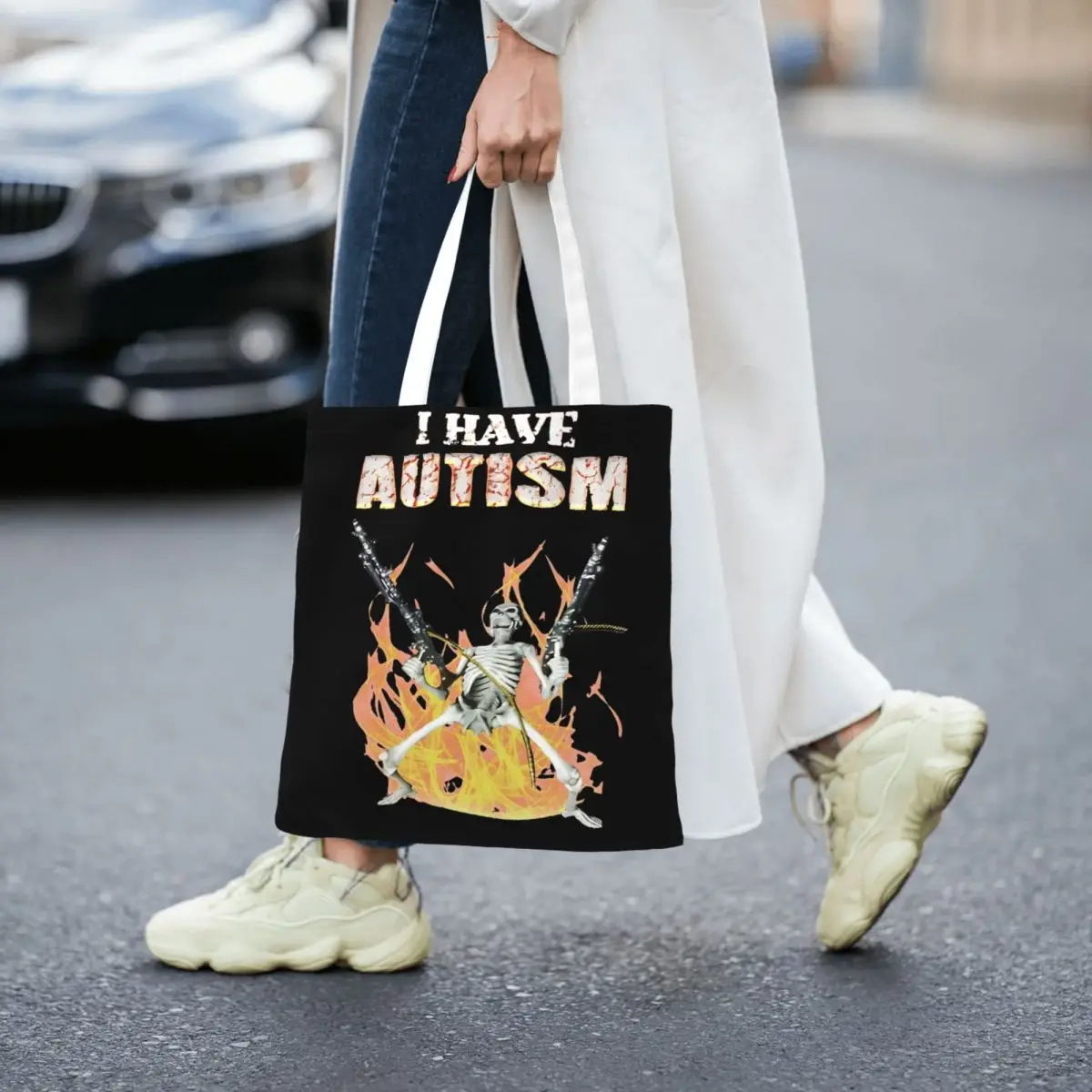 Sacola de lona com esqueleto engraçado do crânio Meme, Trendy Large Capacity Shopping Bag para Unisex, Autismo Bolsas Estudantis, Eu tenho autismo