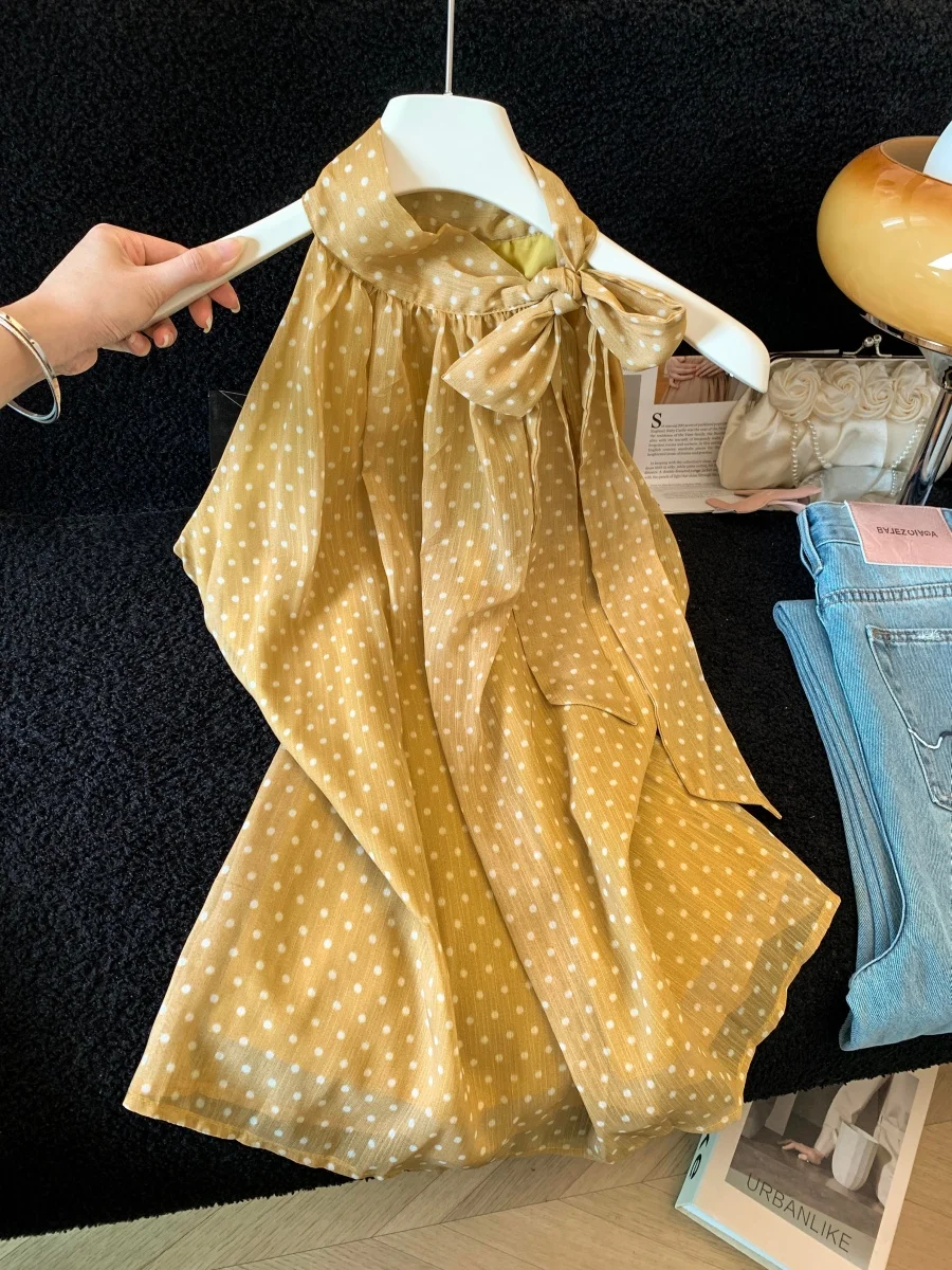 

Yellow Neck Hanging Dot Halter Top Women Summer New Small Knot Belt Sleeveless Chiffon Small Shirt Upper Body