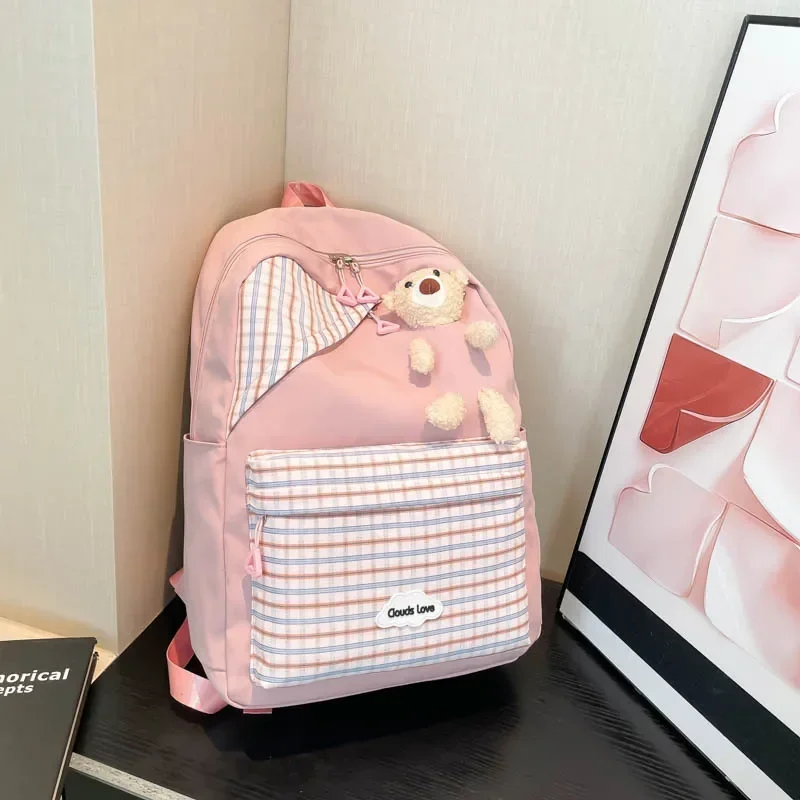 

Fashion Trend Bear Backpack Lightweight Premium Plaid Backpack Women bag