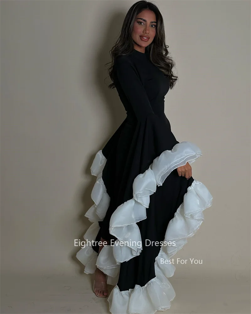 Eightree Modern Arabic Black Mermaid Evening Party Dresses Ruffle Flare Long Sleeve Dubai Prom Gowns Special Occasion Event Gown