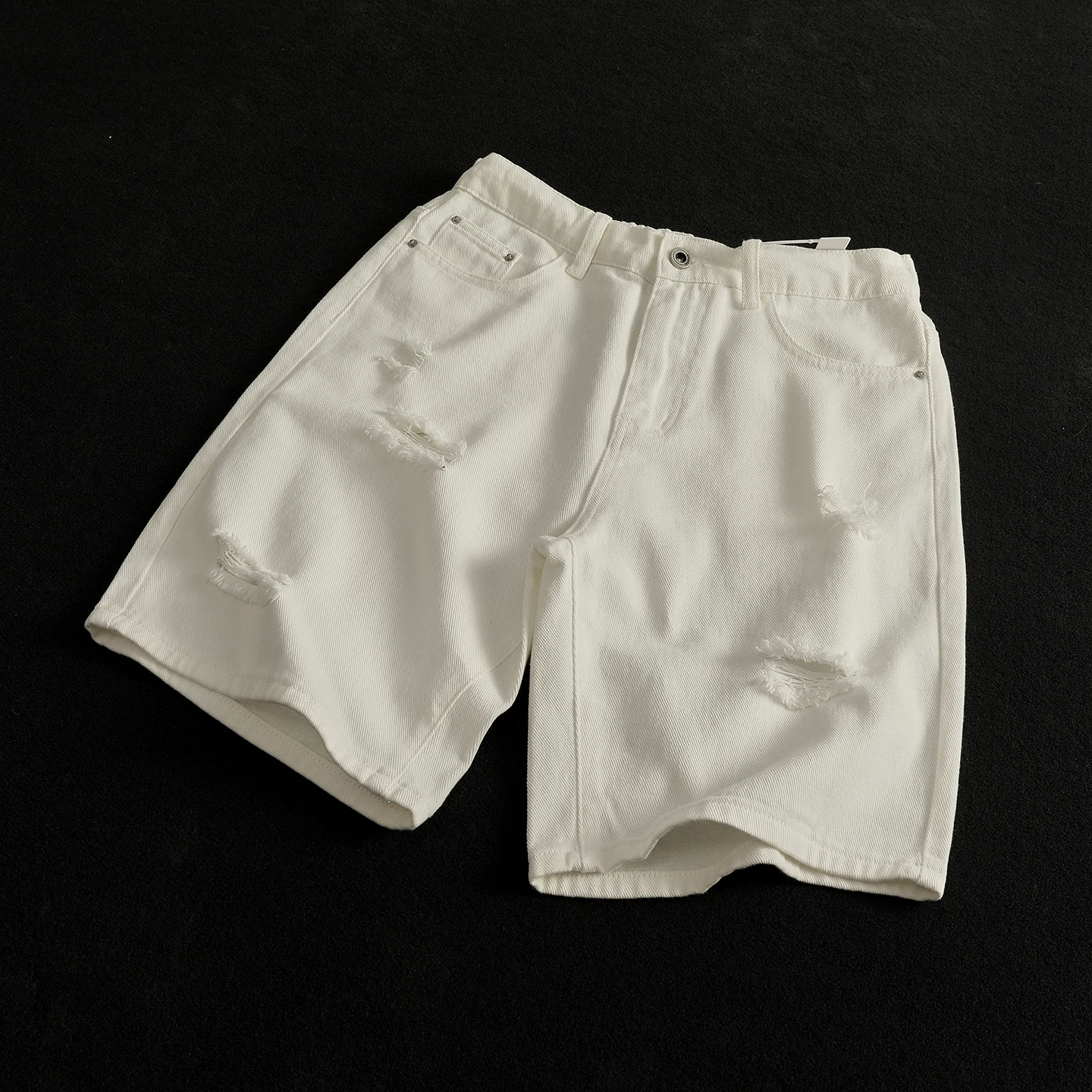 Retro American White Shorts Unisex Casual Loose Fit Jeans Cotton mid Waist Zipper Fly Washed out Hole Punching Summer Shorts