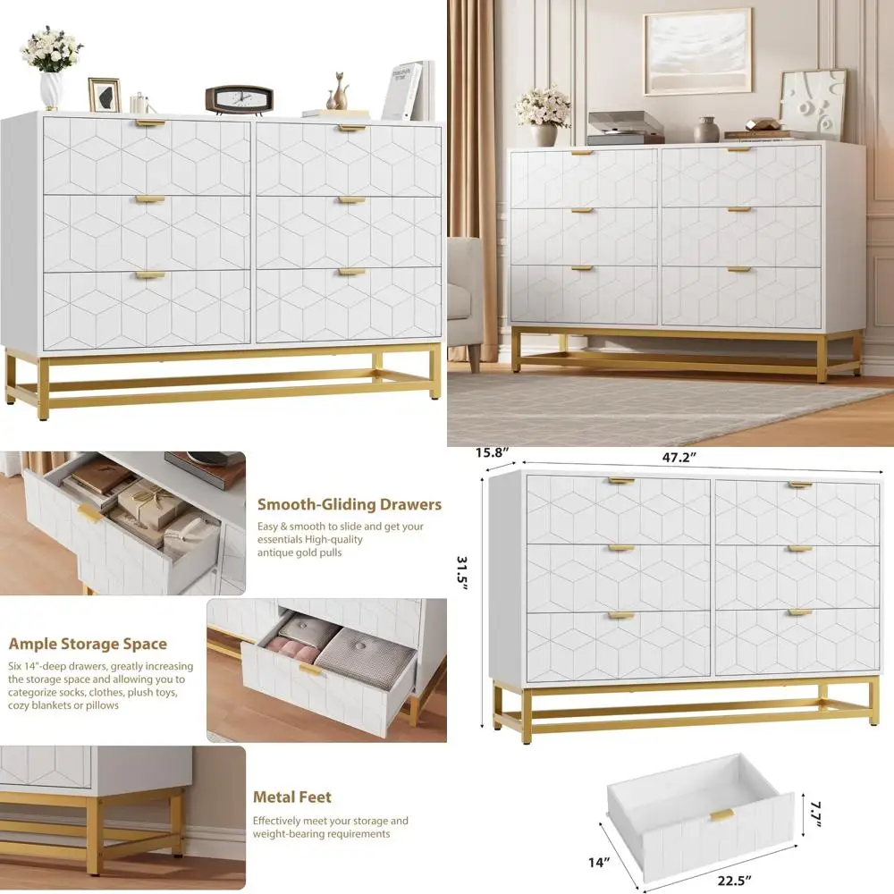 Modern White 6-Drawer Wood Dresser with Metal Legs and Wide Storage, Sleek Chest Organizer for Contemporary Spaces