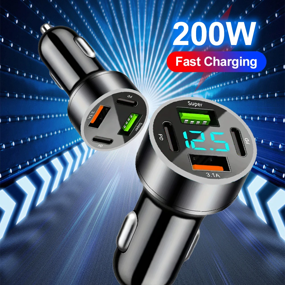 Total 200W Dual USB C Car Charger with Voltage Display Super Fast Charging Adapter 4 in 1 for iPhone Samsung Xiaomi Huawei OPPO