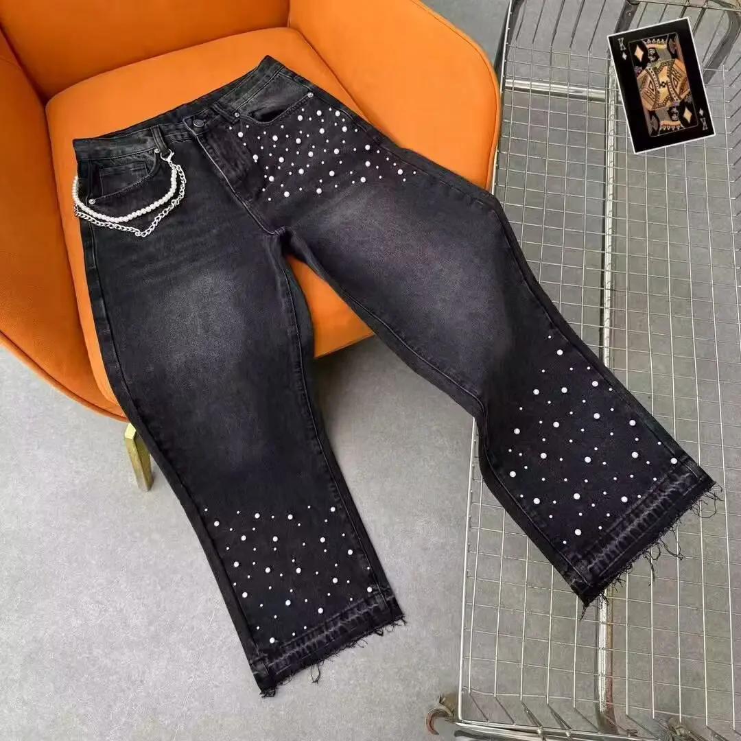 

Осенние новые мужские джинсы с бусинами, уличные прямые джинсовые брюки, корейские повседневные модные свободные лоскутные мужские брюки
