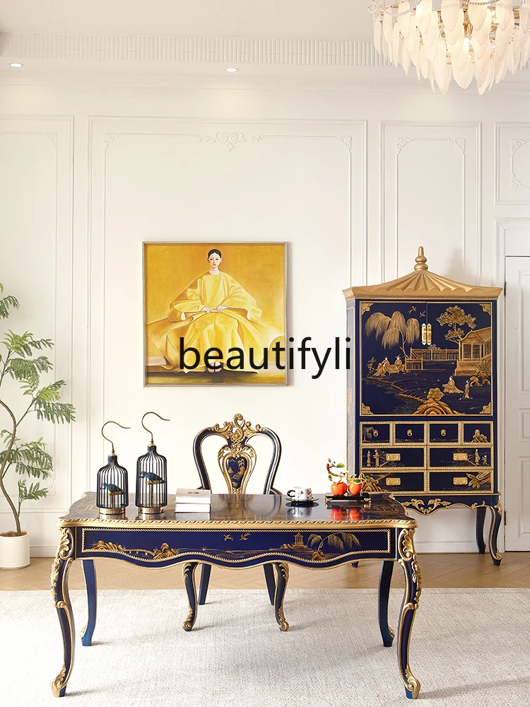 طاولة طعام مستطيلة مرسومة يدويًا ، خشب صلب ، فيلا فرنسية ، أزرق ملكي ، خط ورسم ، طاولة كمبيوتر ، طراز صيني