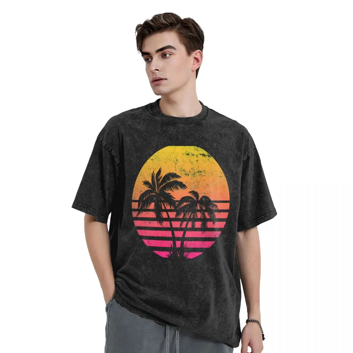 

Retrowave Sunset With Palm Trees T-Shirt aesthetic clothes customizeds korean fashion vintage t shirt men