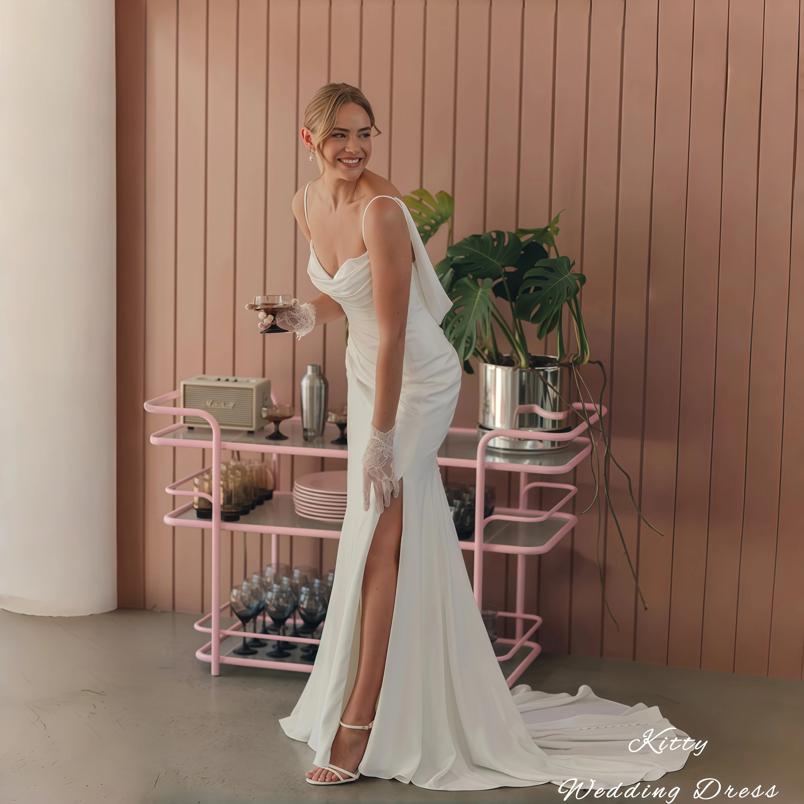 

Kitty Customized Elegant Wedding Dress Spaghetti Strap Sweetheart Cowl Back Satin Sleeveless Mermaid High Slit Train Bridal Gown