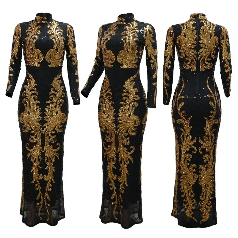 

New Women Sexy Party Mermaid Long Dresses with Sequined Black O-neck Full Sleeve Elegant Luxury Birthday Prom Bodycon Vestidos