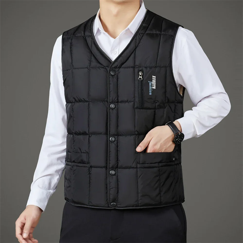 Winter Men\'s Vest Casual Padded Plush Single-breasted Sleeveless Winter Jacket Fashion V-neck Warm Fishing Vest Clothing