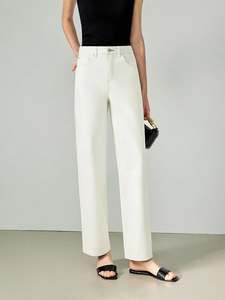 

Faionable Versatile Soft Cotton Denim Straight Leg Jeans Eco-Waed Skin-Friendly l Waist Button Closure All Seasons