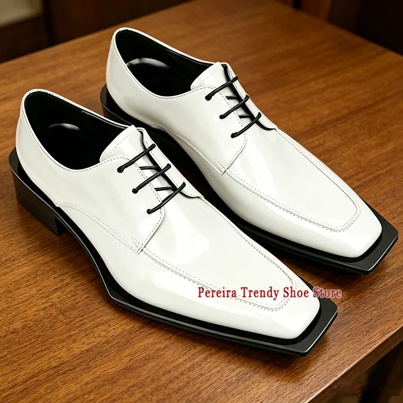 White Leather Men's Wedding Dress Shoes British Style Trendy Brown Black Square Toe Lace Up Derby Shoes Party Banquet Shoes