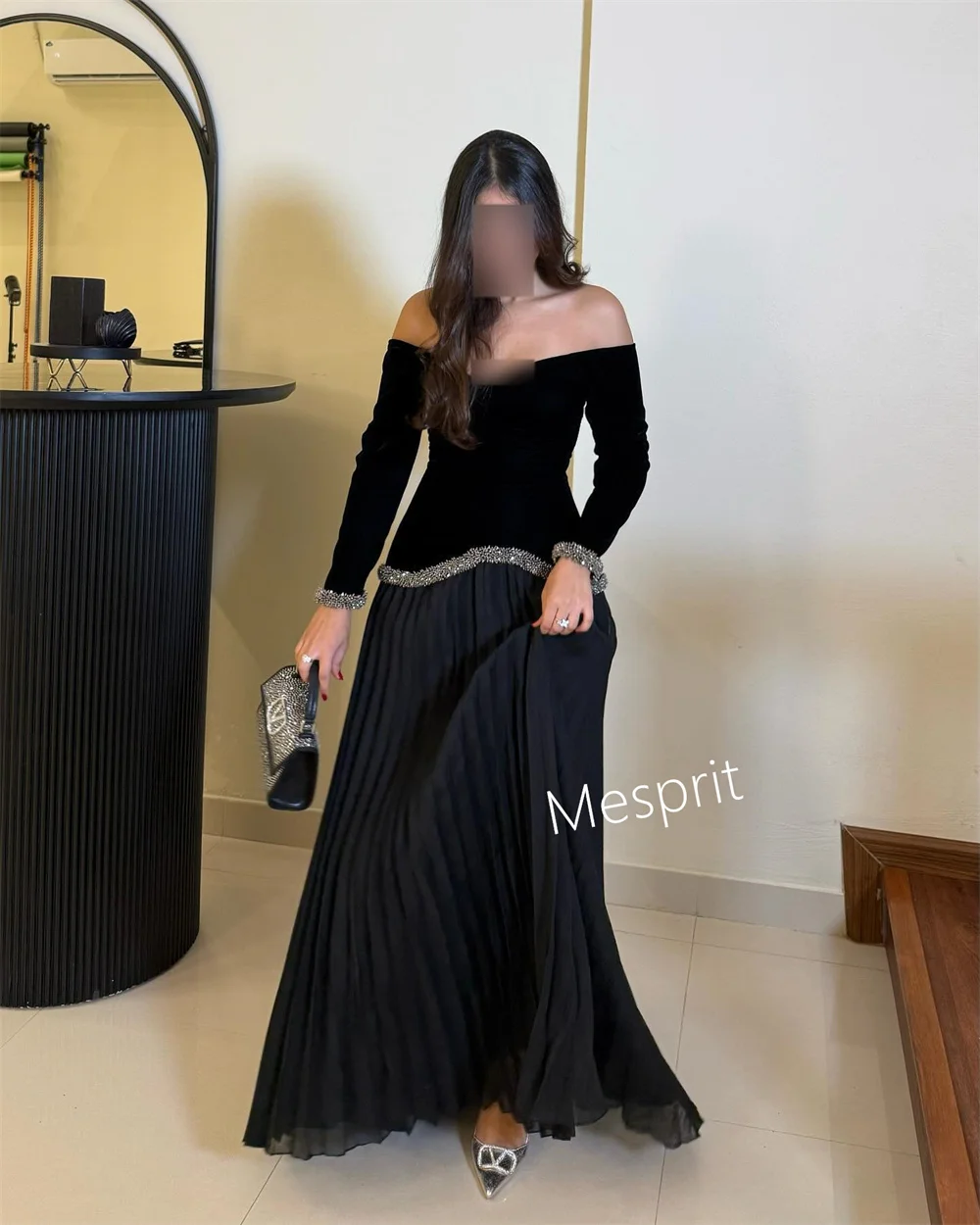 Customized Fashion Velour Sequined A-line Off-the-shoulder Long Dresses Bespoke Occasion Dresses Exquisite Simple